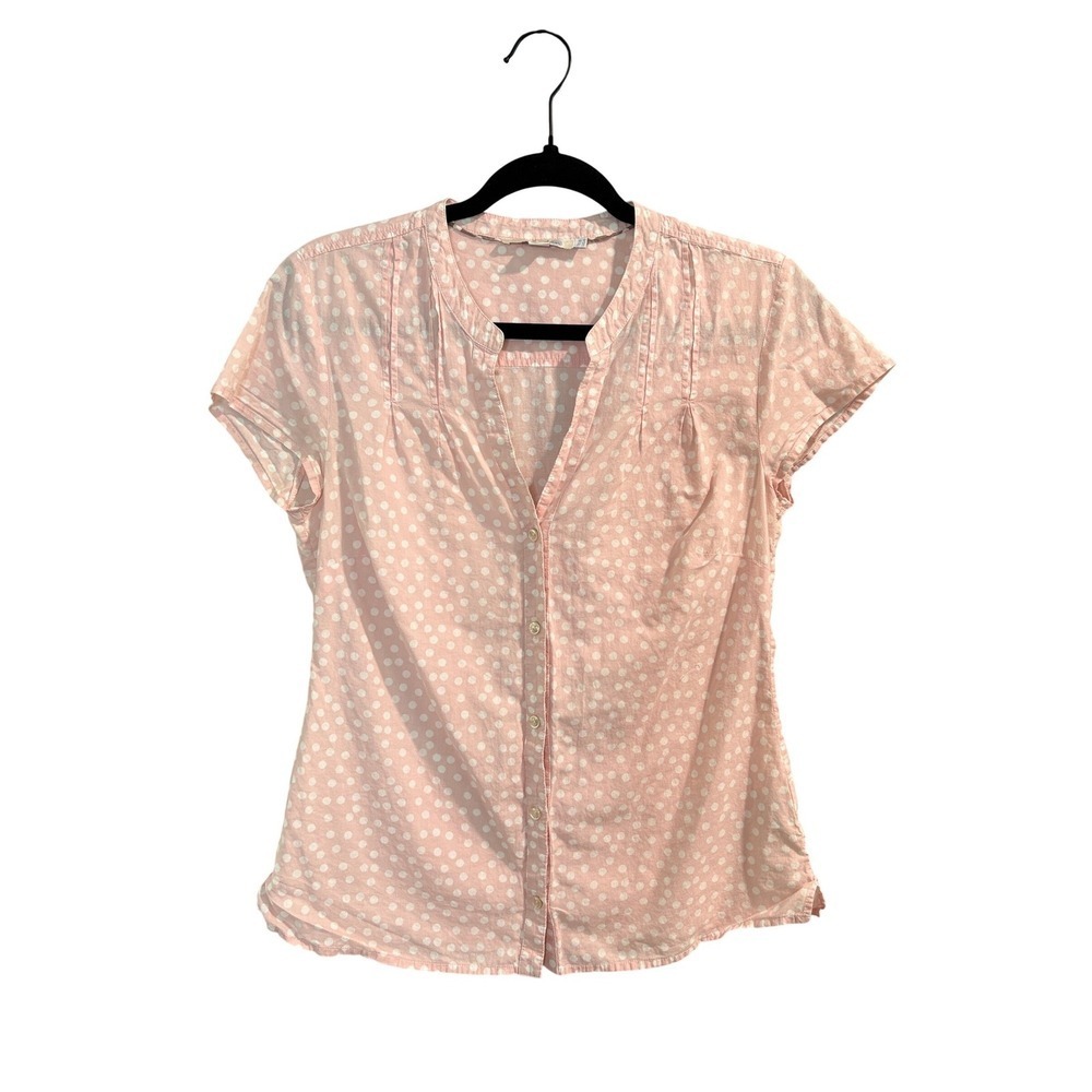 Boden Pink Polka Dot Cotton Blouse Size 4 Pintuck Pleated Short Sleeve Top